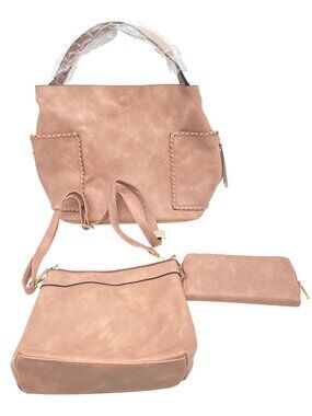 Deluxity 3-Piece Vegan Leather Handbag Set Tote Crossbody Wallet Blush Pink
